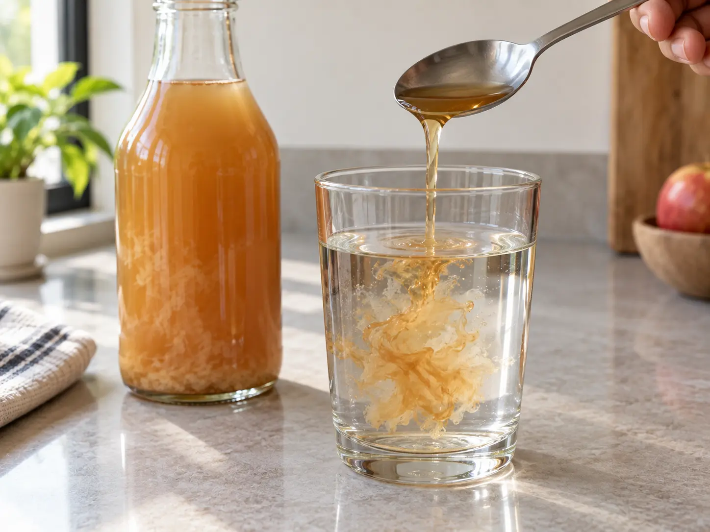 A tablespoon of apple cider vinegar being poured into a large glass of water to show correct dilution