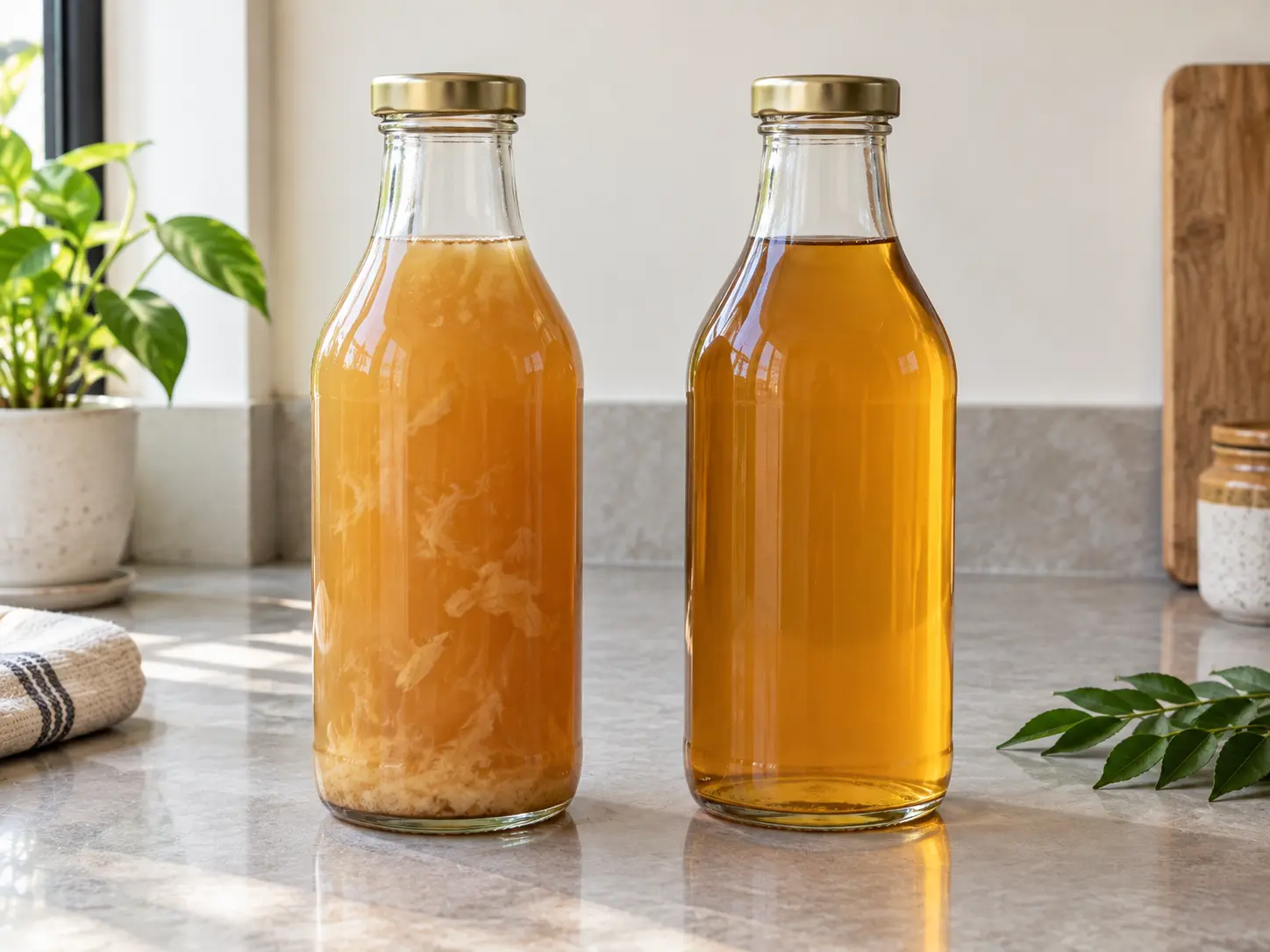 Two unlabelled bottles of apple cider vinegar side by side, one cloudy with the mother and one filtered clear