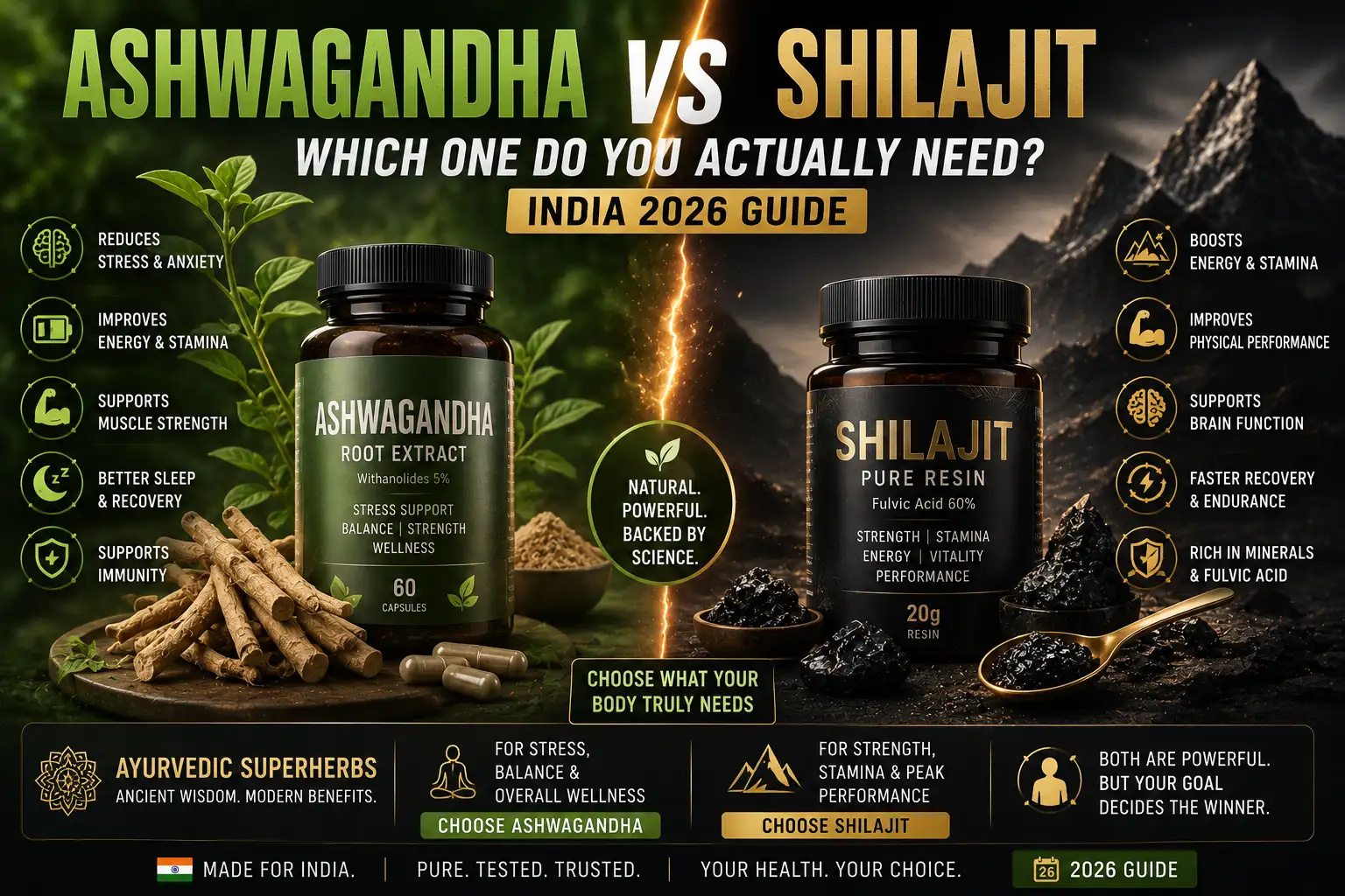 Ashwagandha vs Shilajit: Which One Do You Actually Need? (India 2026 Guide)