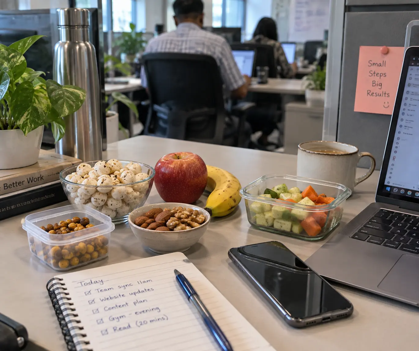 Makhana, roasted chana, mixed nuts and fruit kept in containers on an office desk beside a laptop and water bottle