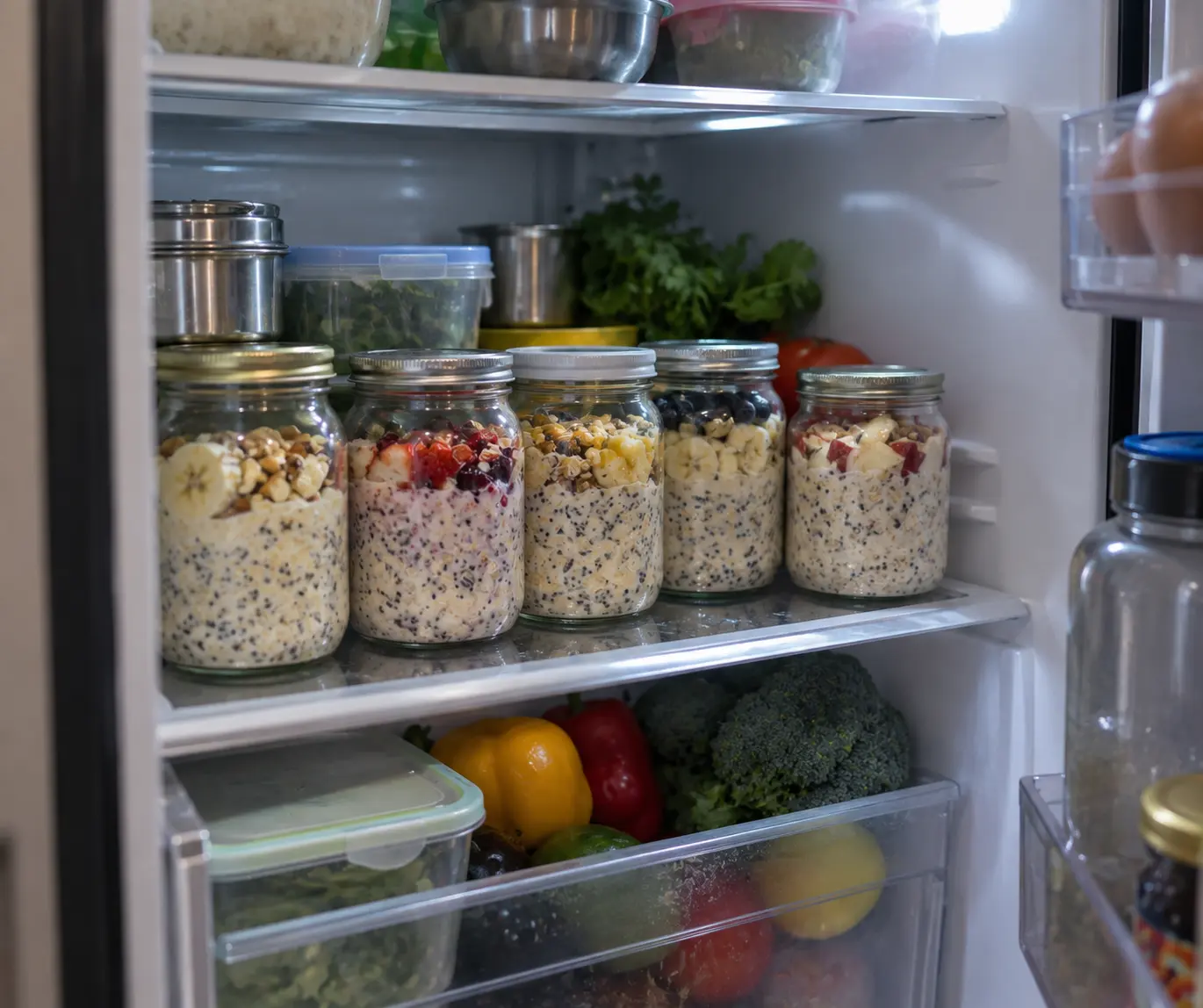 Overnight oats jars stored on a refrigerator shelf alongside everyday groceries, ready to grab on the way to work