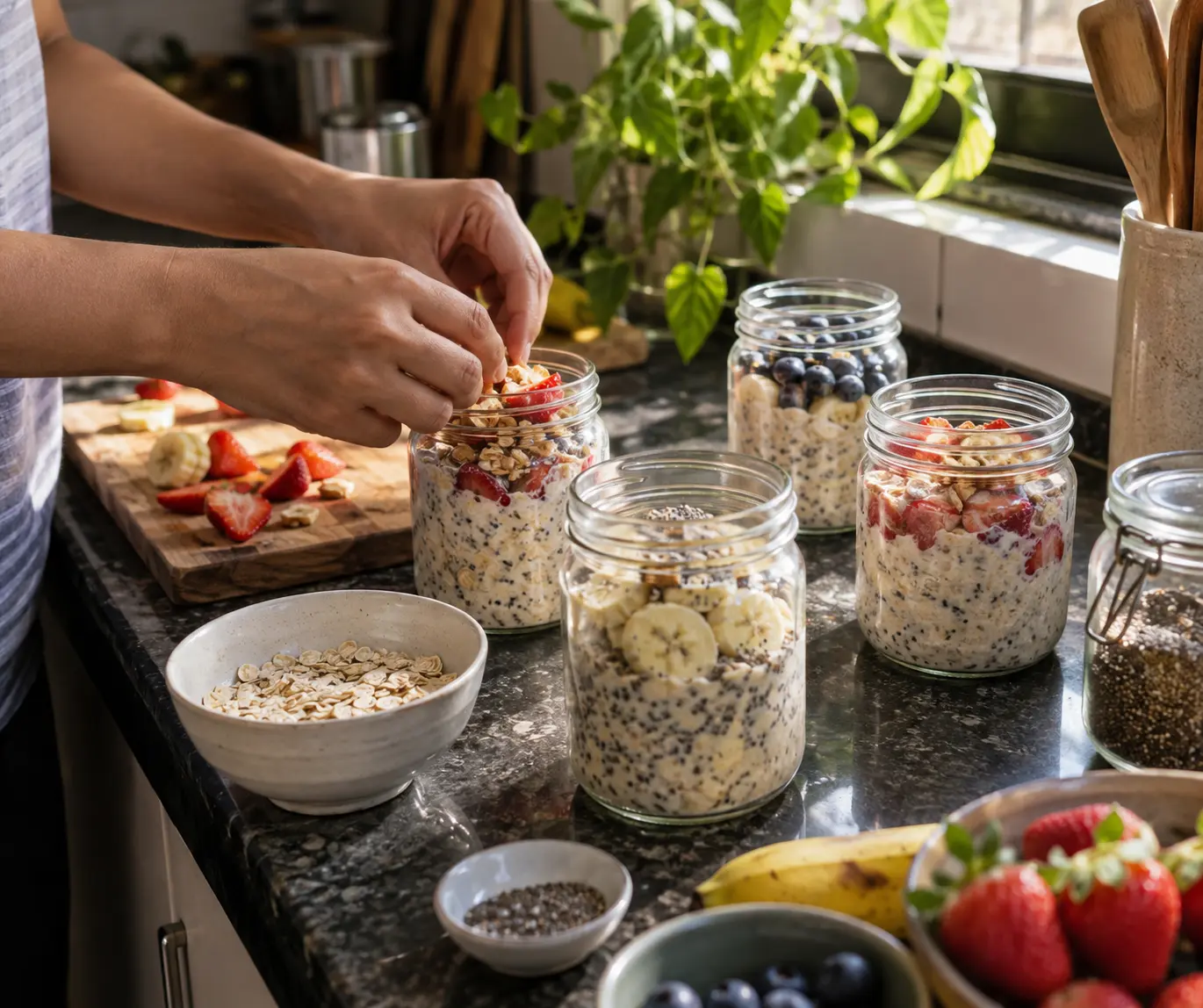 Overnight oats jars, chopped fruit and a bowl of rolled oats laid out on a kitchen counter during weekly breakfast prep