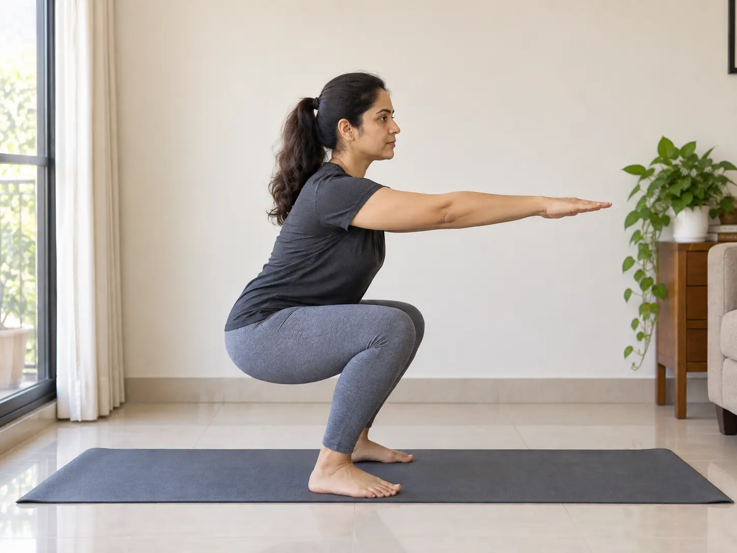 Side view of a bodyweight squat at parallel depth with a neutral back, heels flat and knees over the toes