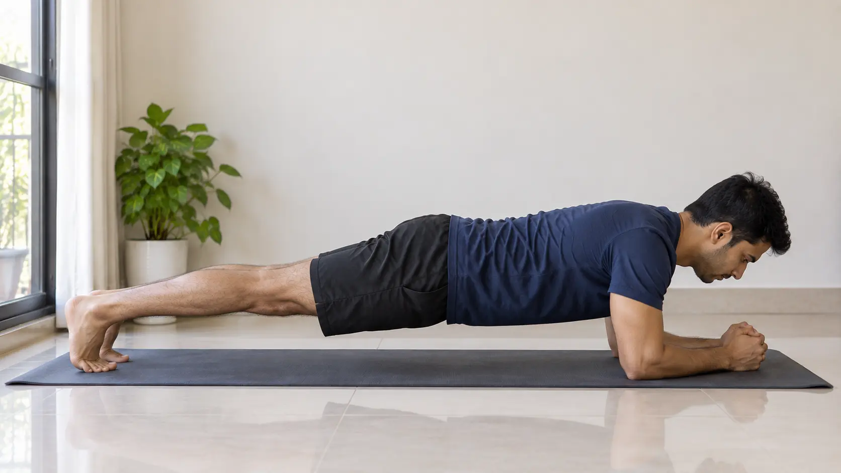 Side view of a correct forearm plank with heels, hips, shoulders and head aligned in one flat line