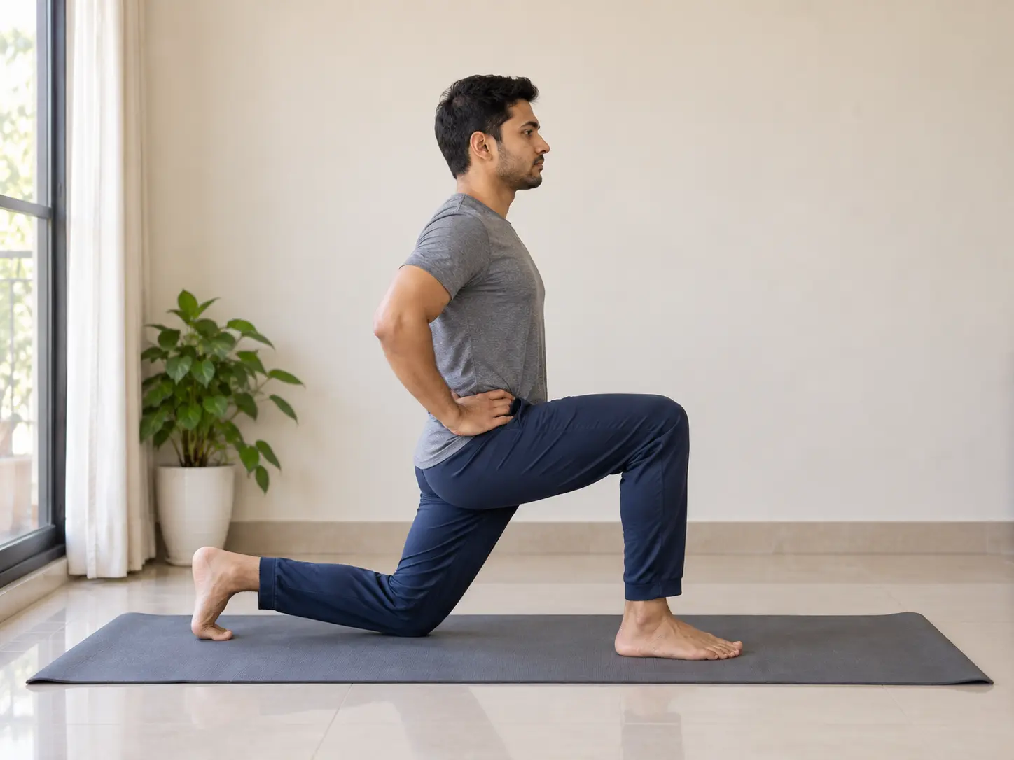 Side view of a forward lunge with the front shin vertical and the back knee lowered toward the floor
